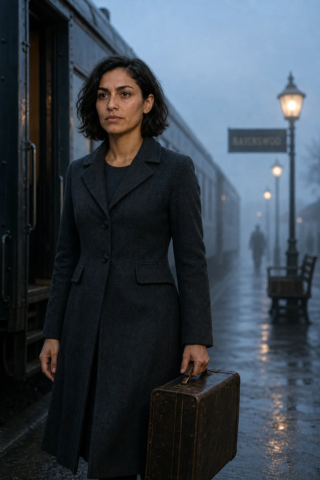 Same cast character, opening scene, arriving at a fog-covered train platform