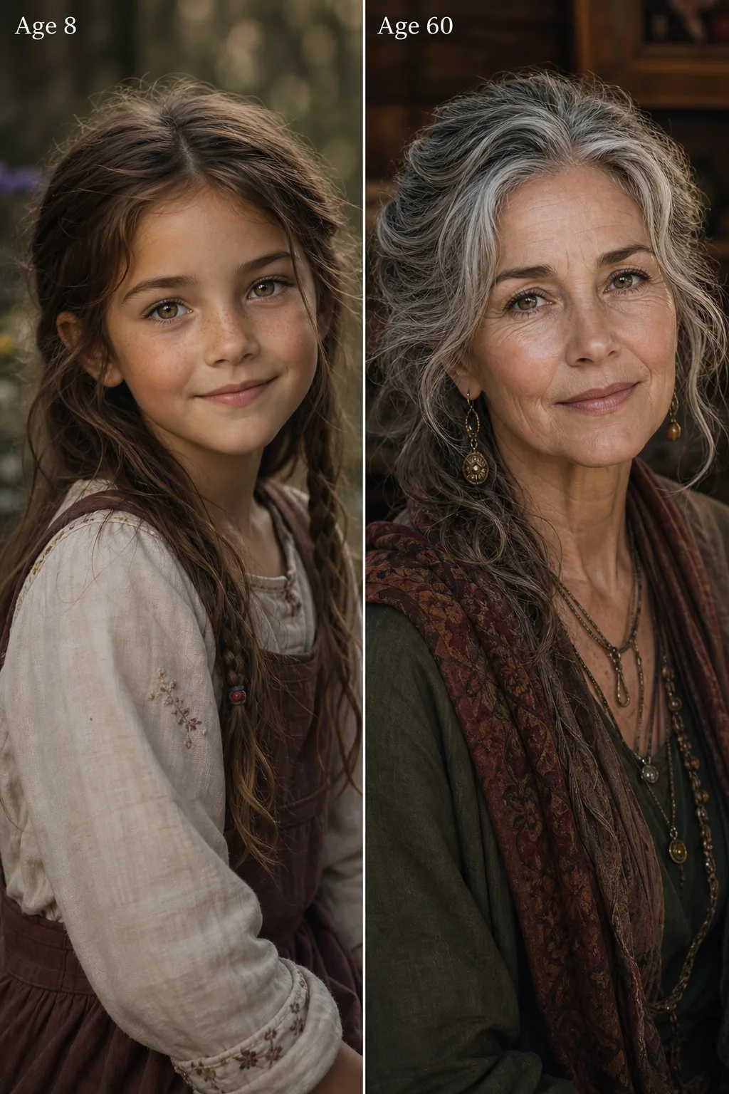 Character shown as a child and as an adult via age progression