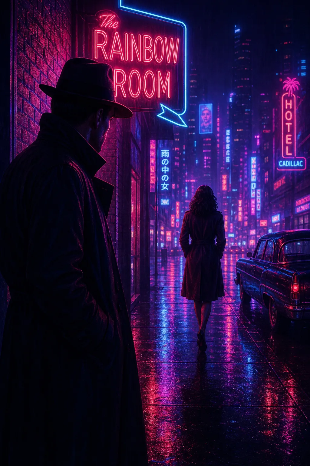 Scene restyled from noir to neon while keeping composition