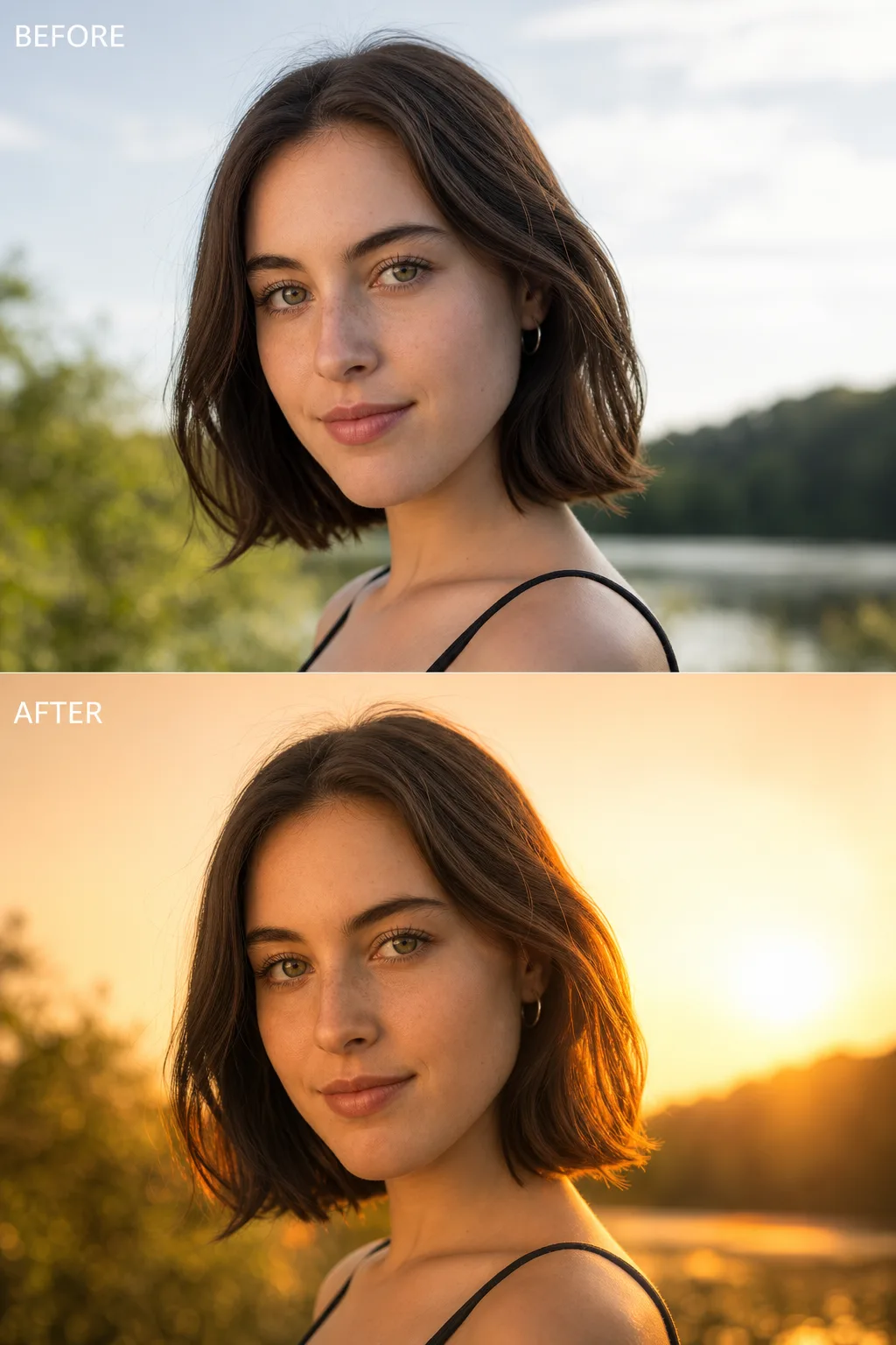 Before and after relighting of a portrait