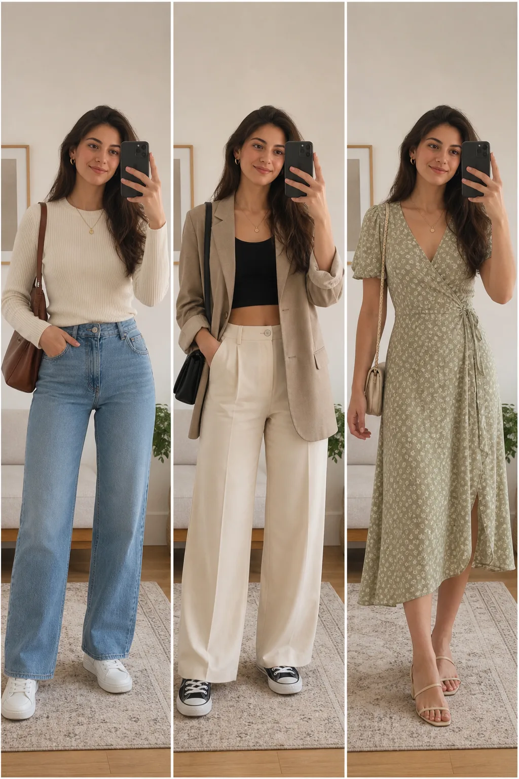 Character wearing three different outfits via virtual try-on