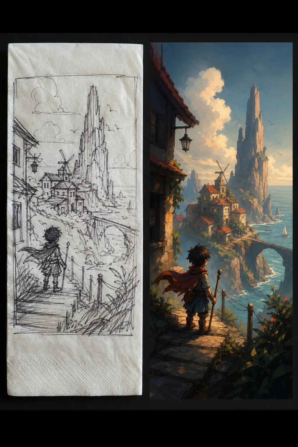 Rough sketch transformed into a finished painted frame