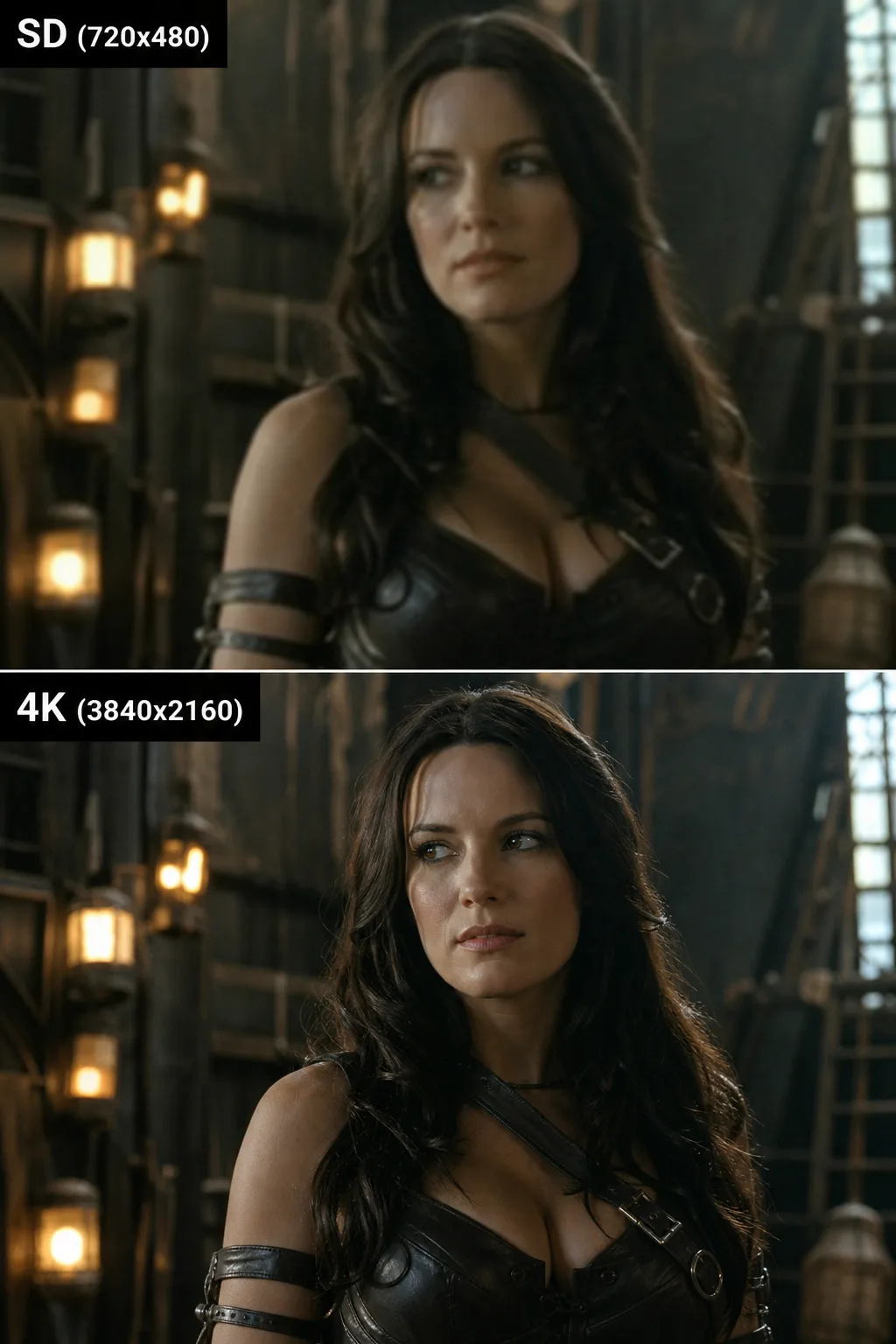 Standard-definition frame upscaled to 4K detail
