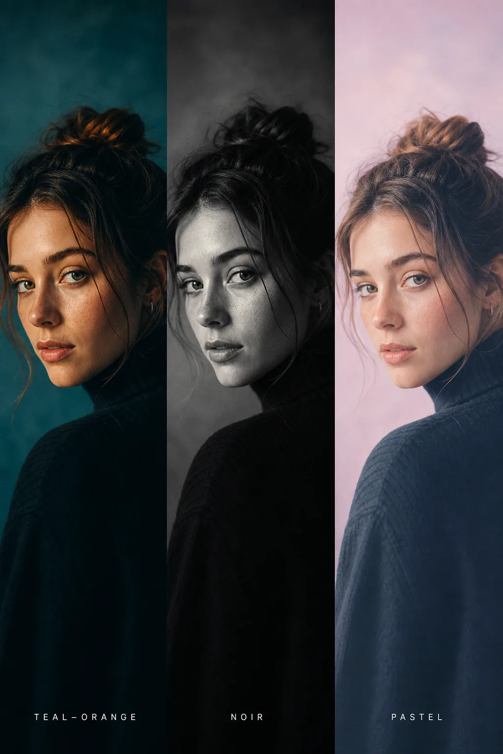 Same portrait graded in three cinematic looks