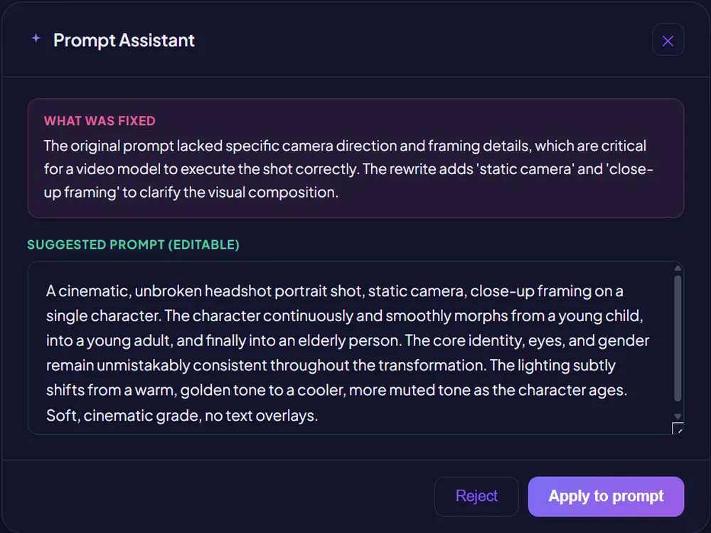 Prompt Assistant suggesting a fix to a video prompt