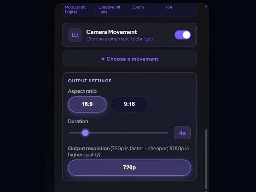 Choosing output settings and generating an AI video