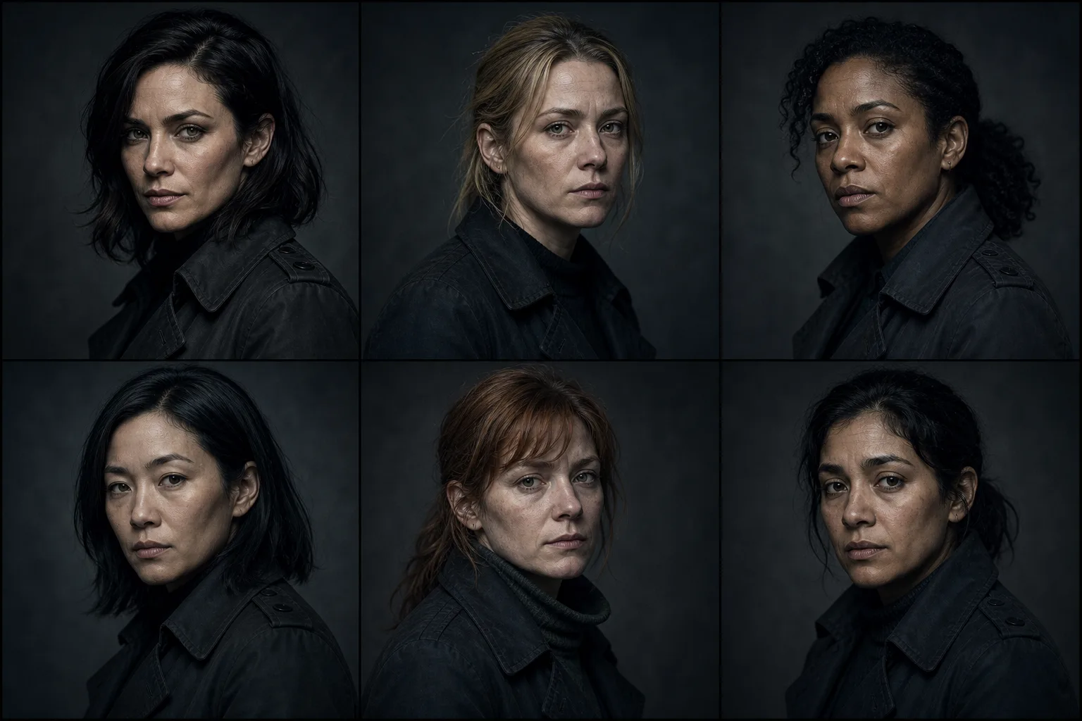 AI Casting Director lineup of six consistent generated character faces for a film, one locked