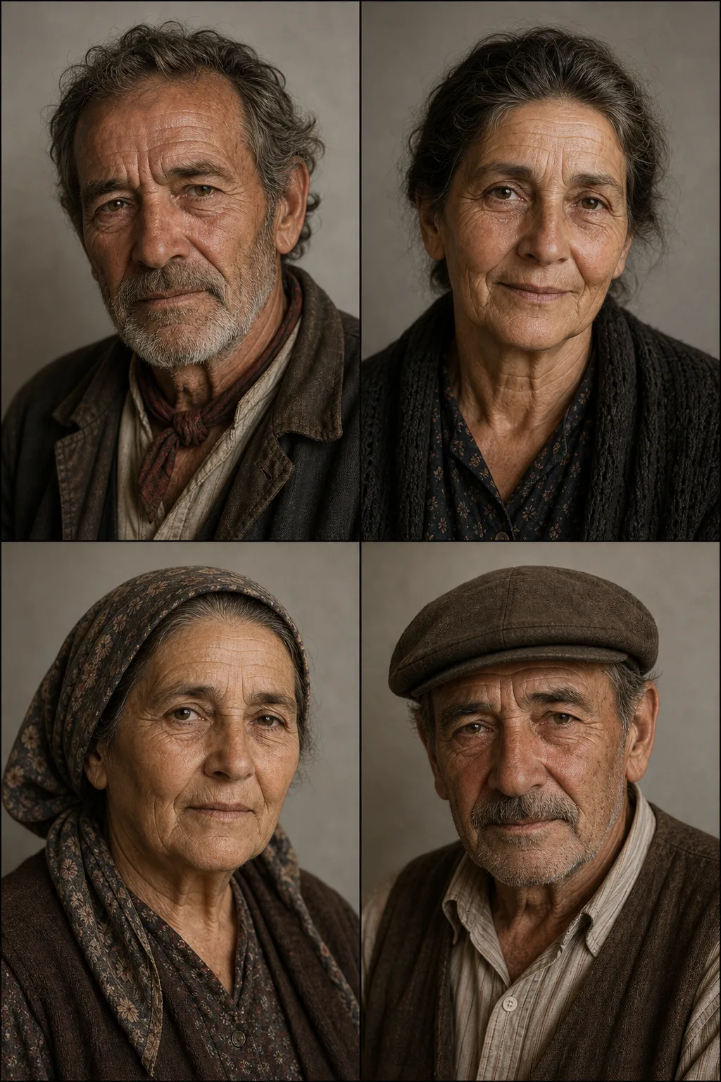 Casting lineup: kind village elder, weathered face, documentary realism