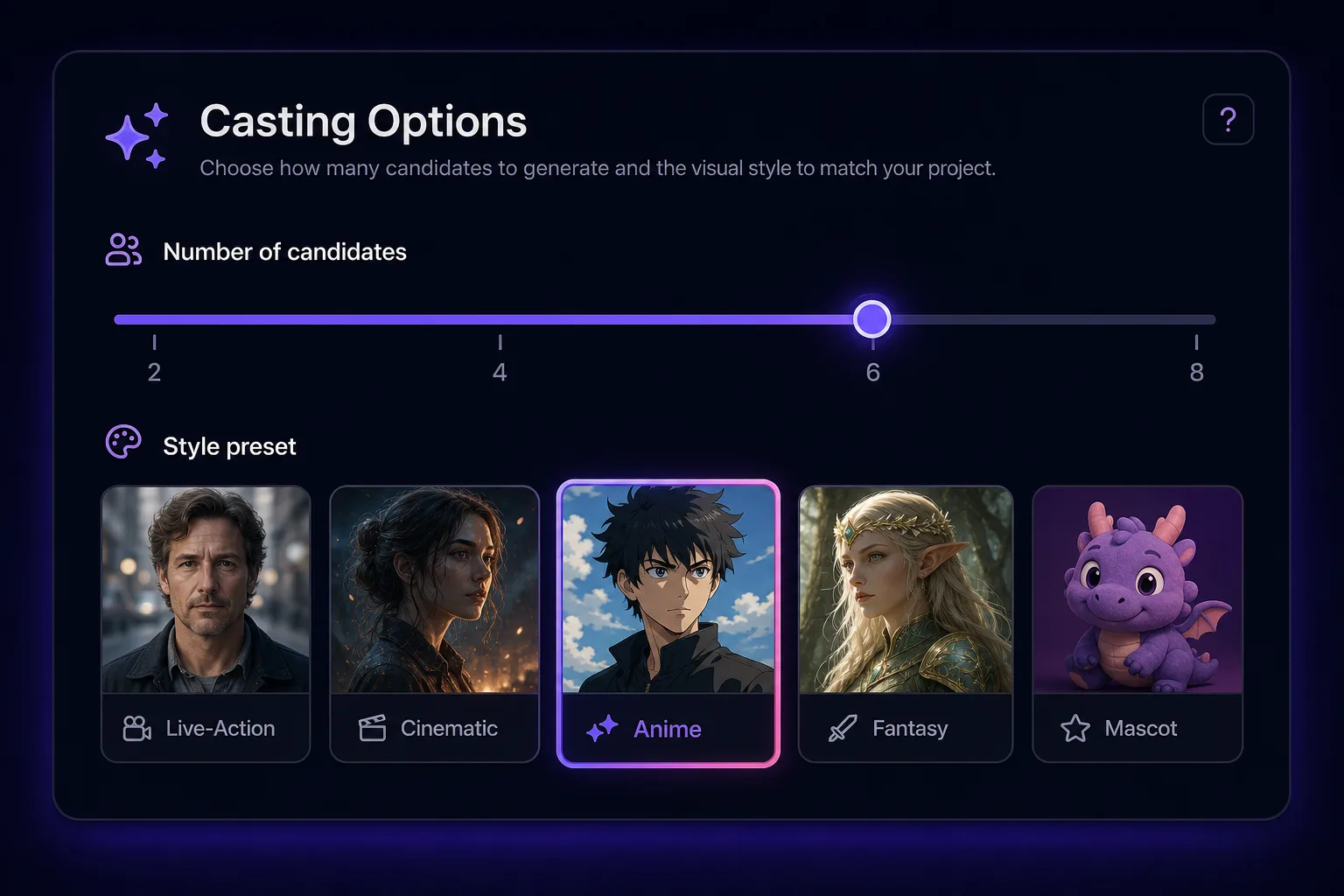 Choosing a visual style and number of casting candidates