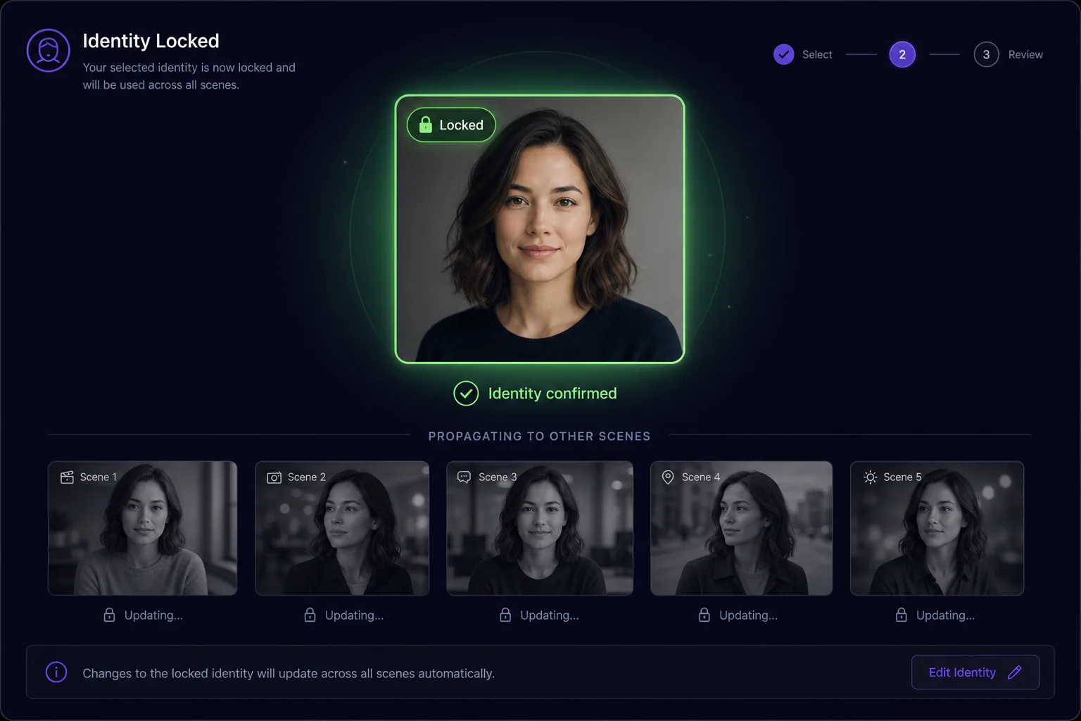 Locking a chosen character identity for reuse across the production