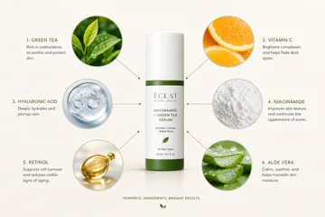 Product with radiating ingredient and component close-ups, common for skincare and supplements