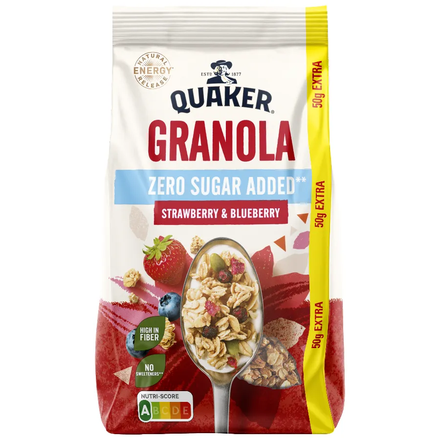 QUAKER GRANOLA AARDBEI & BOSBES ZONDER SUIKER