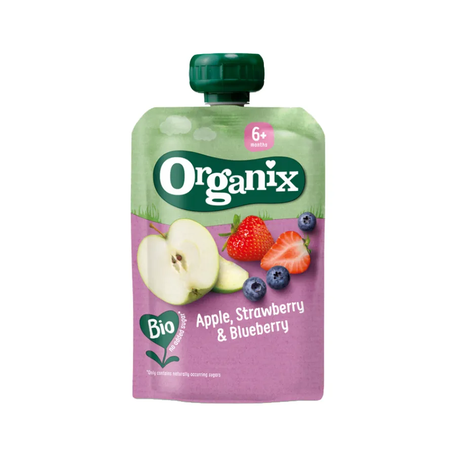 ORGANIX APPEL-AARDBEI-BLAUWE BES (6 MAANDEN+) POUCH