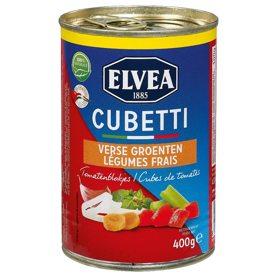 ELVEA CUBETTI TOMATENBLOKJES MET VERSE GROENTEN BLIK