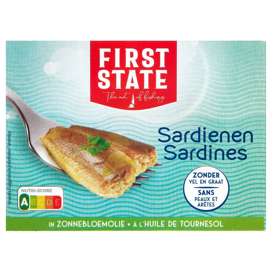FIRST STATE SARDIENEN ZONNEBLOEMOLIE ZONDER VEL/GRATEN 105G
