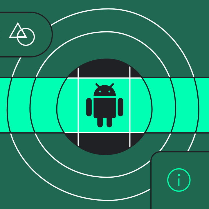 Abstract composition of interface elements with Bugdroid, the Android mascot, in the center.