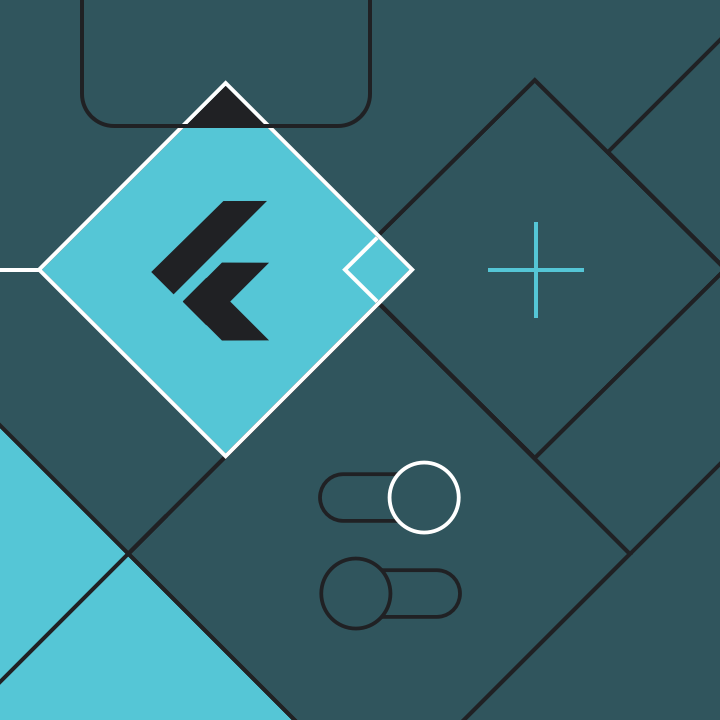 Abstract composition of shapes and interface elements including the Flutter logo, FAB, and switch component.