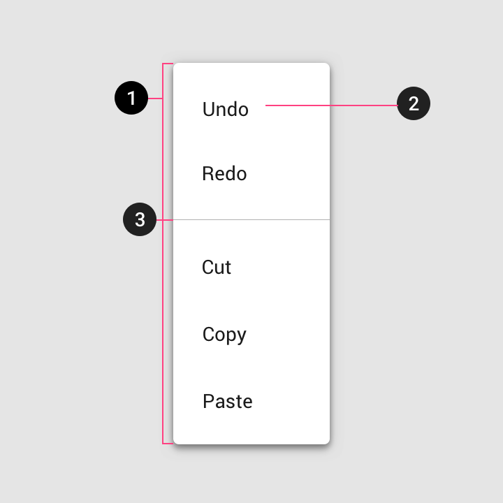 Dropdown menu a list of text items, a divider divides some items up