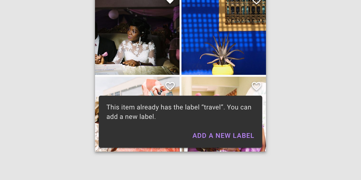 Snackbar with 2-line text label and purple action text in the bottom right corner