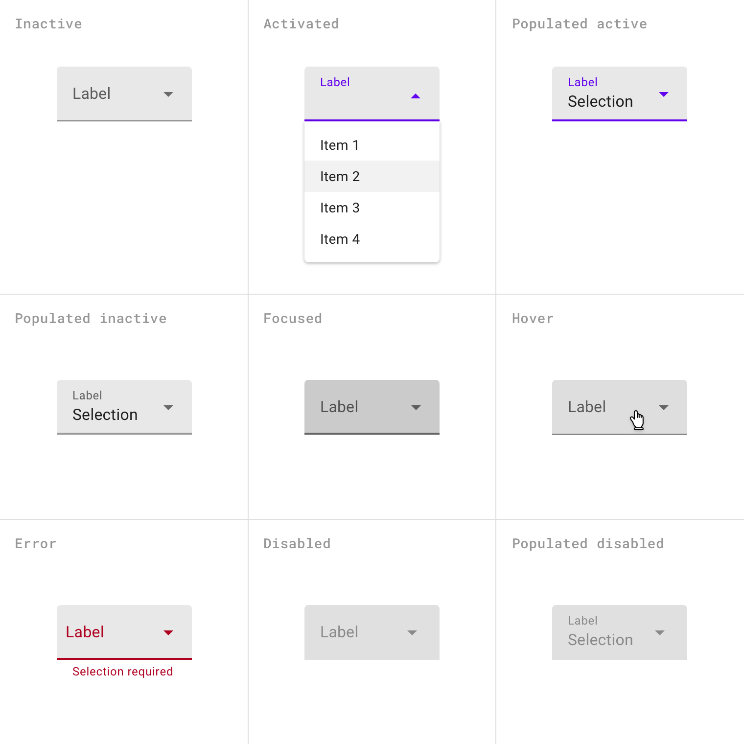 Filled exposed dropdown menu states