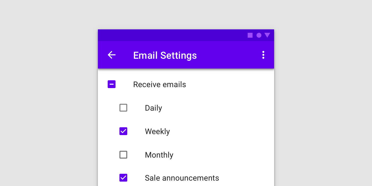 List of types of emails to receive. Each option has a checkbox and the first option is a parent control for receiving emails.
