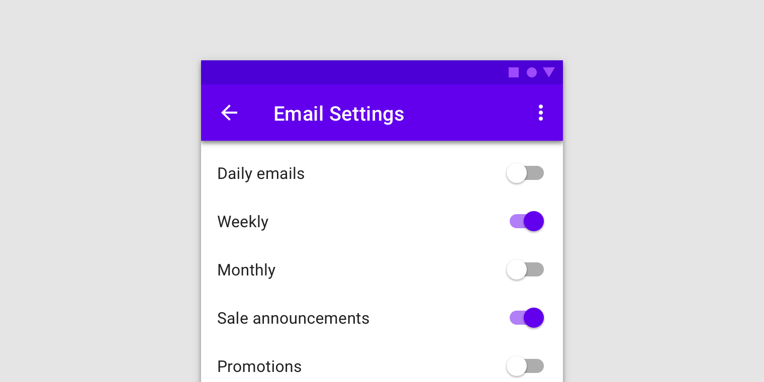 List of types of emails to receive. Each item has a switch.
