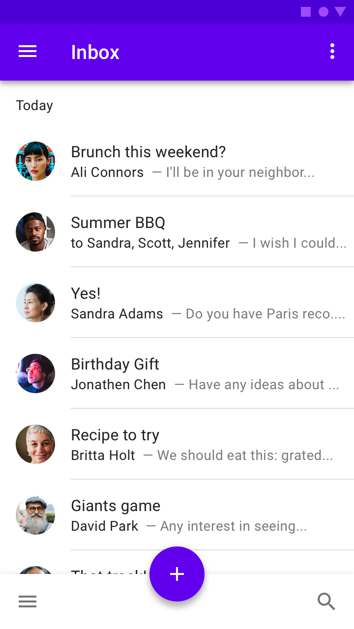 Mobile email homepage UI that has a navigational menu in both top and bottom app bar