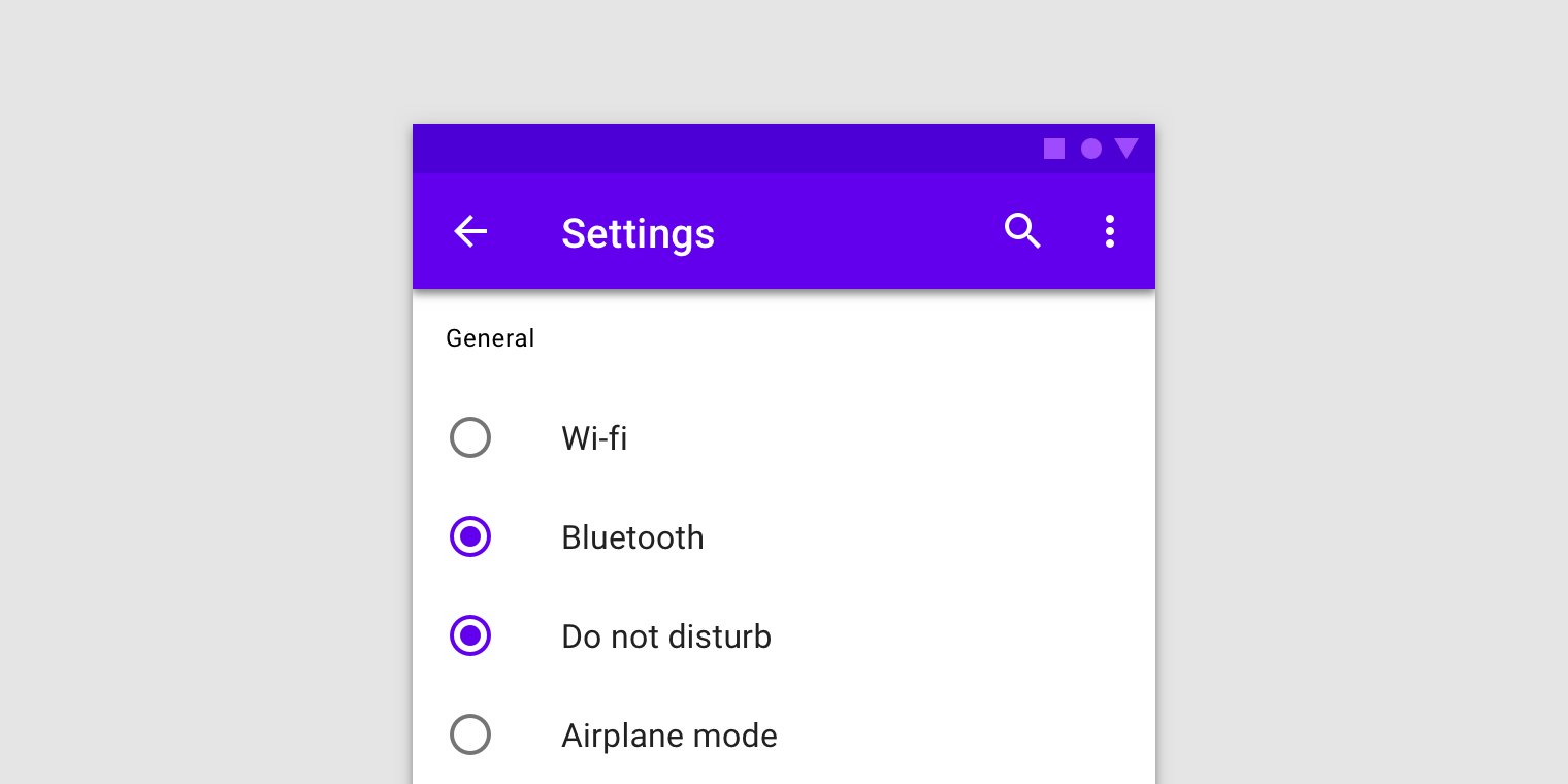 List of phone settings. Each item has a radio button.