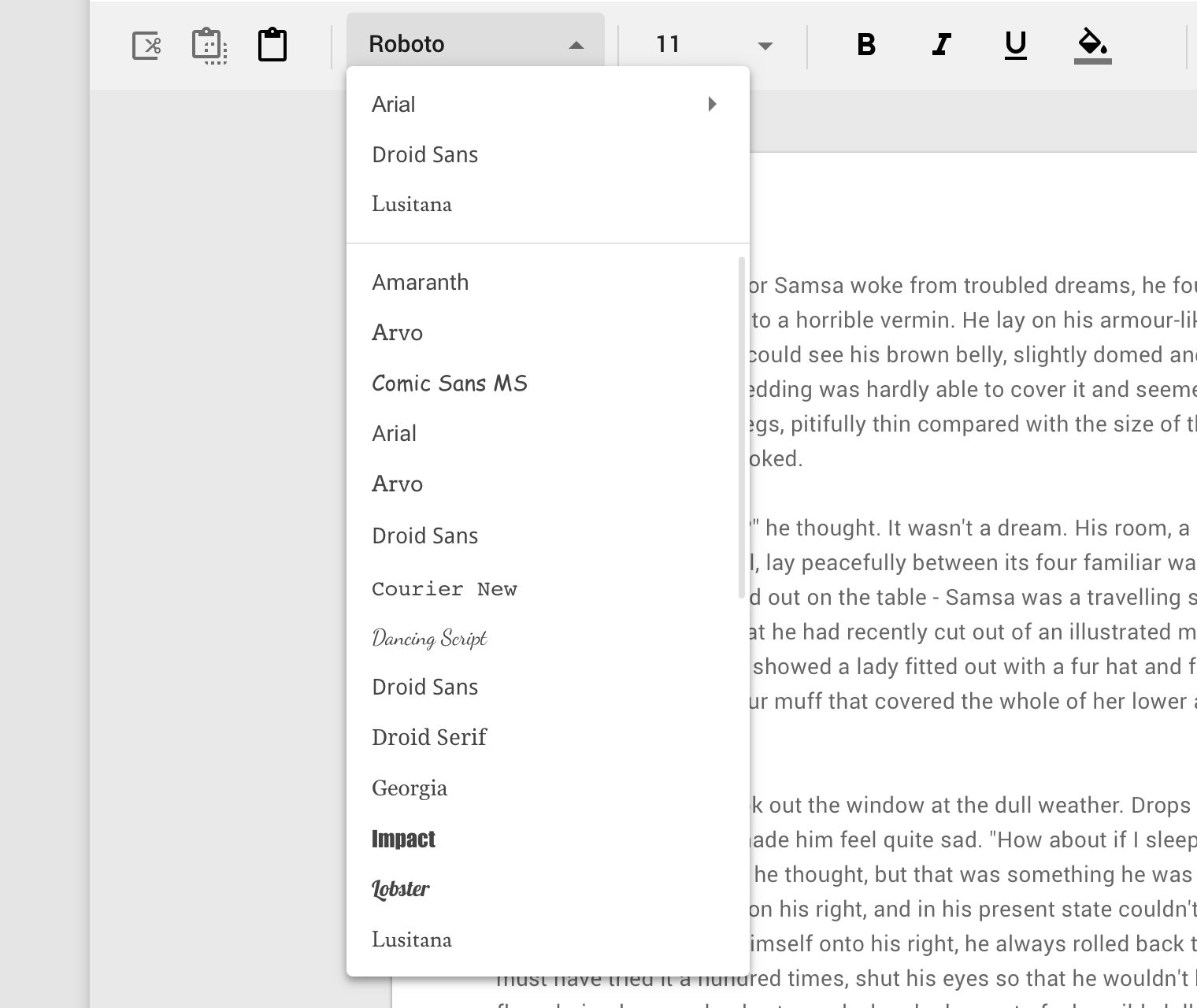 Dropdown menu in fonts UI font has a scrollable list of fonts to select from