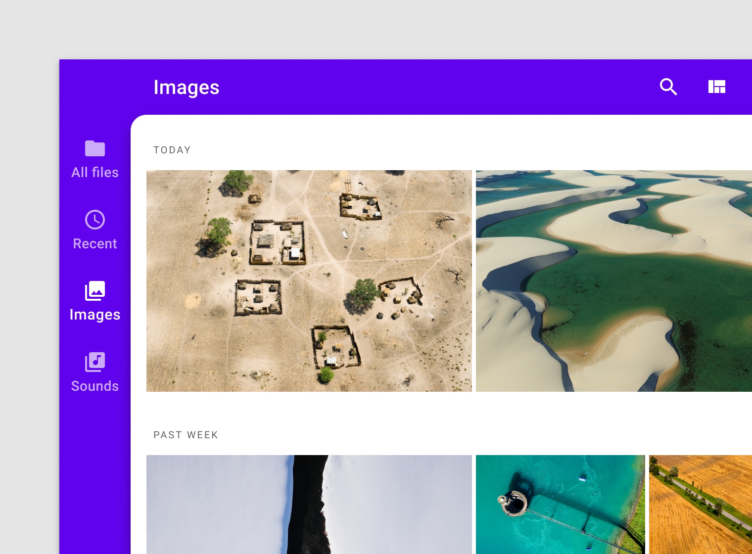 Images apps with rail with four icons with text labels and backdrop