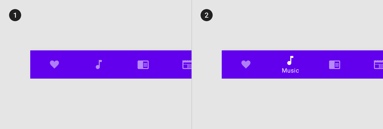 side by side of two bottom navigations, highlights difference between 1. & 2.