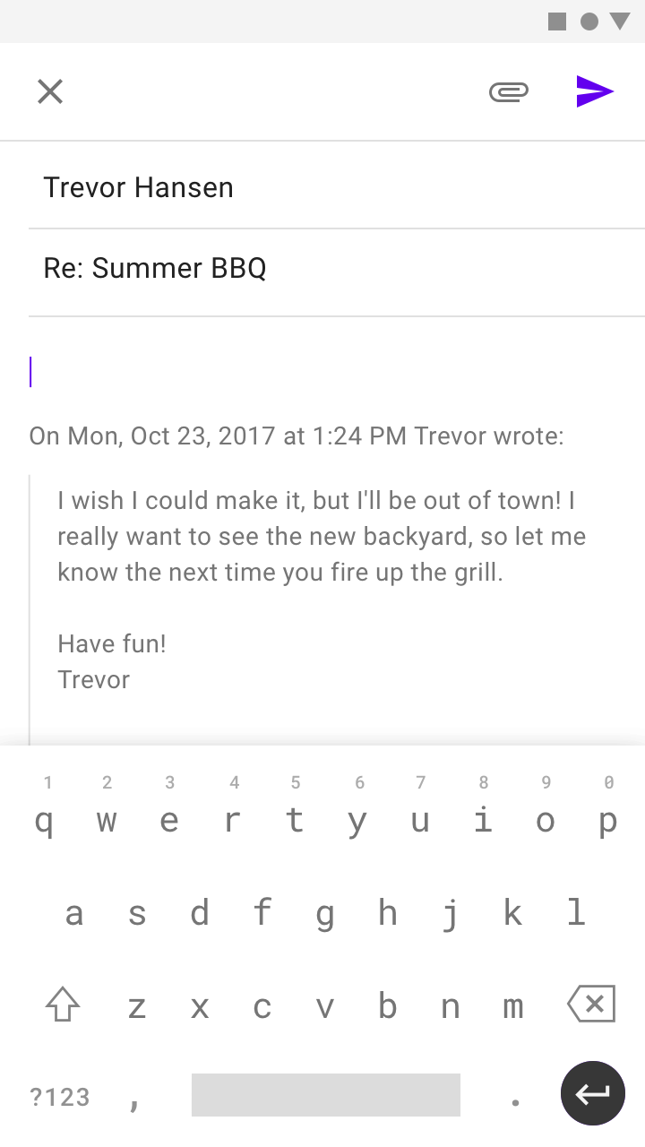 Mobile email UI with a keyboard covering the bottom app bar