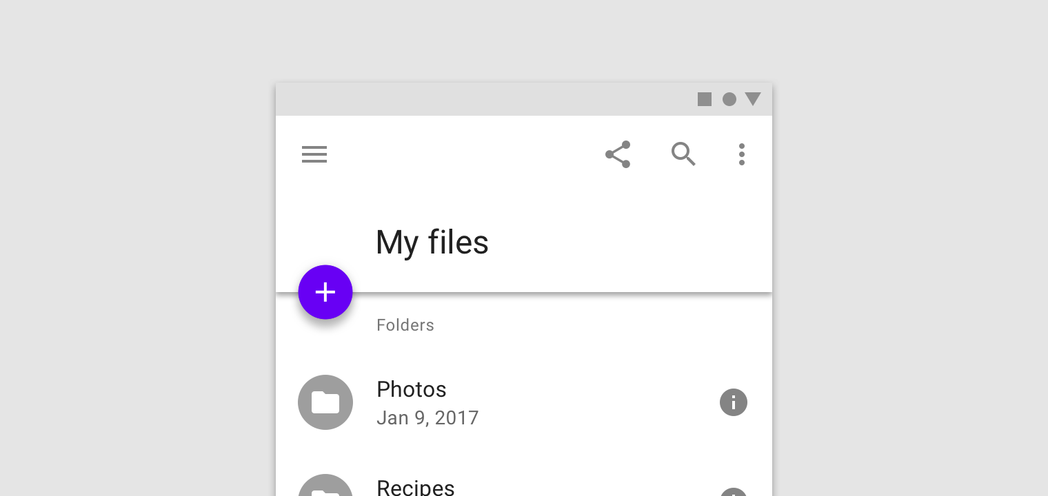 File browsing example with plus sign FAB aligned with folder icons