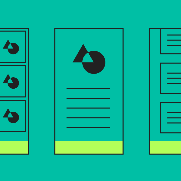 Illustration of three app screens with bottom navigation bar at bottom of each