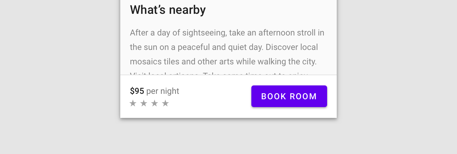 App screen for a hotel booking site showing a contained button next to hotel rating and price