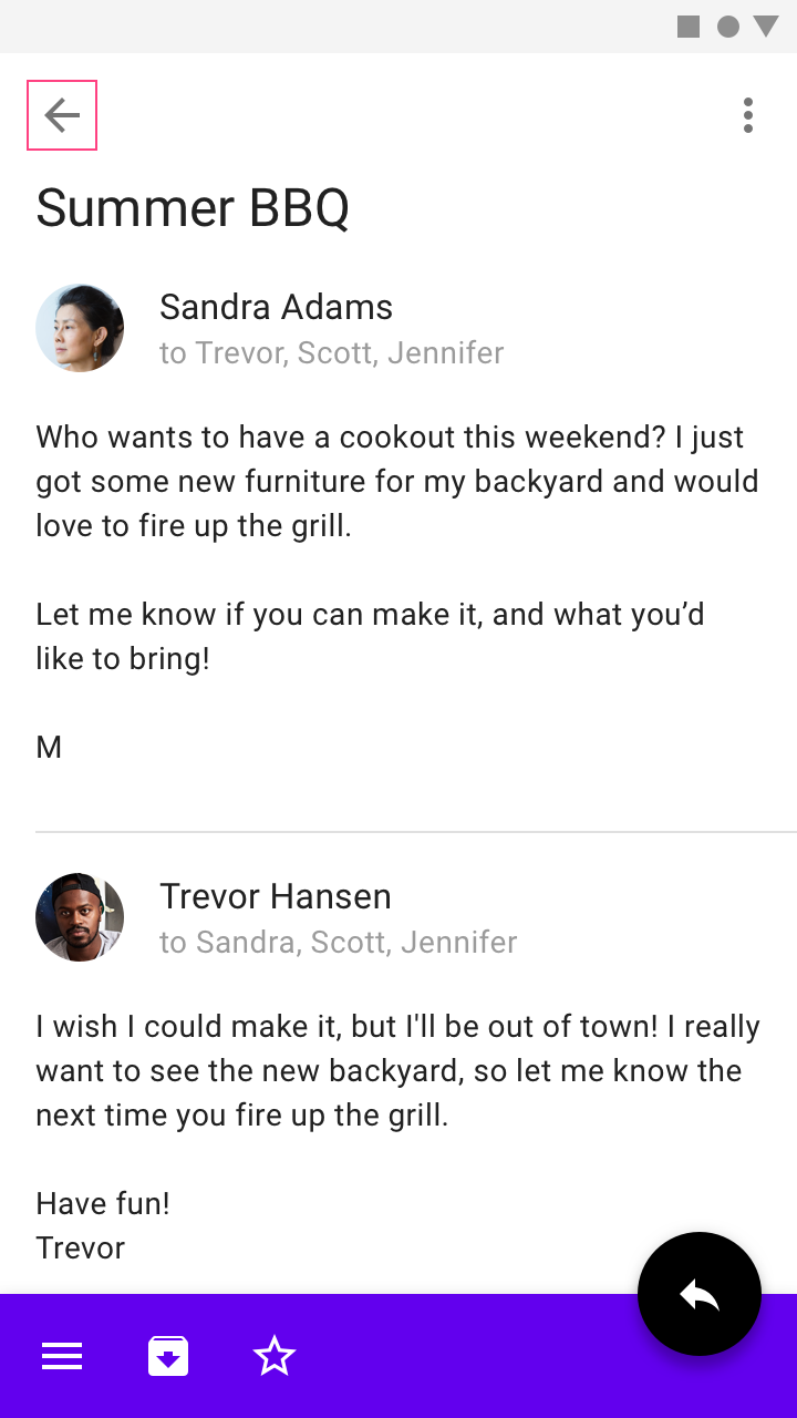 Mobile email UI with a Back arrow at the top left of the UI