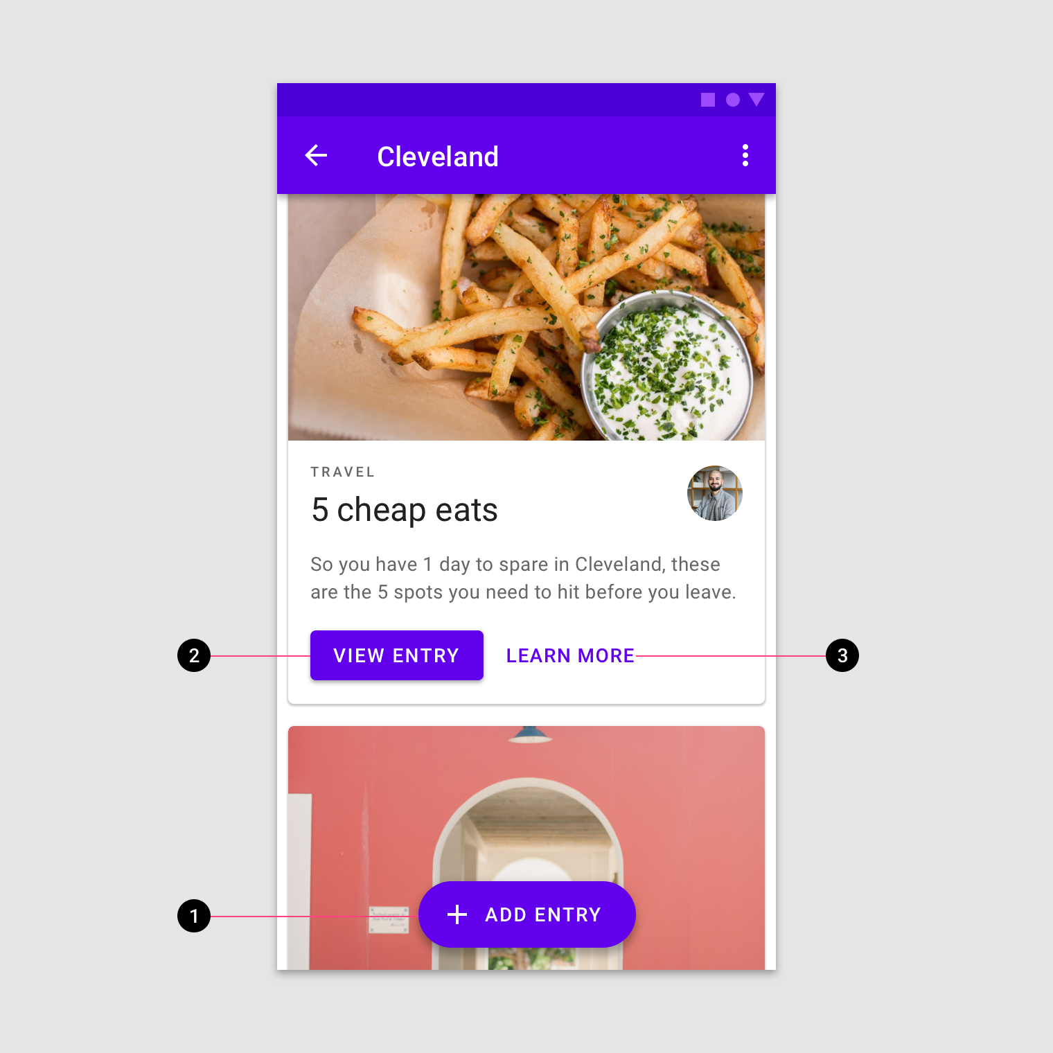 App screen with three hierarchical types of buttons