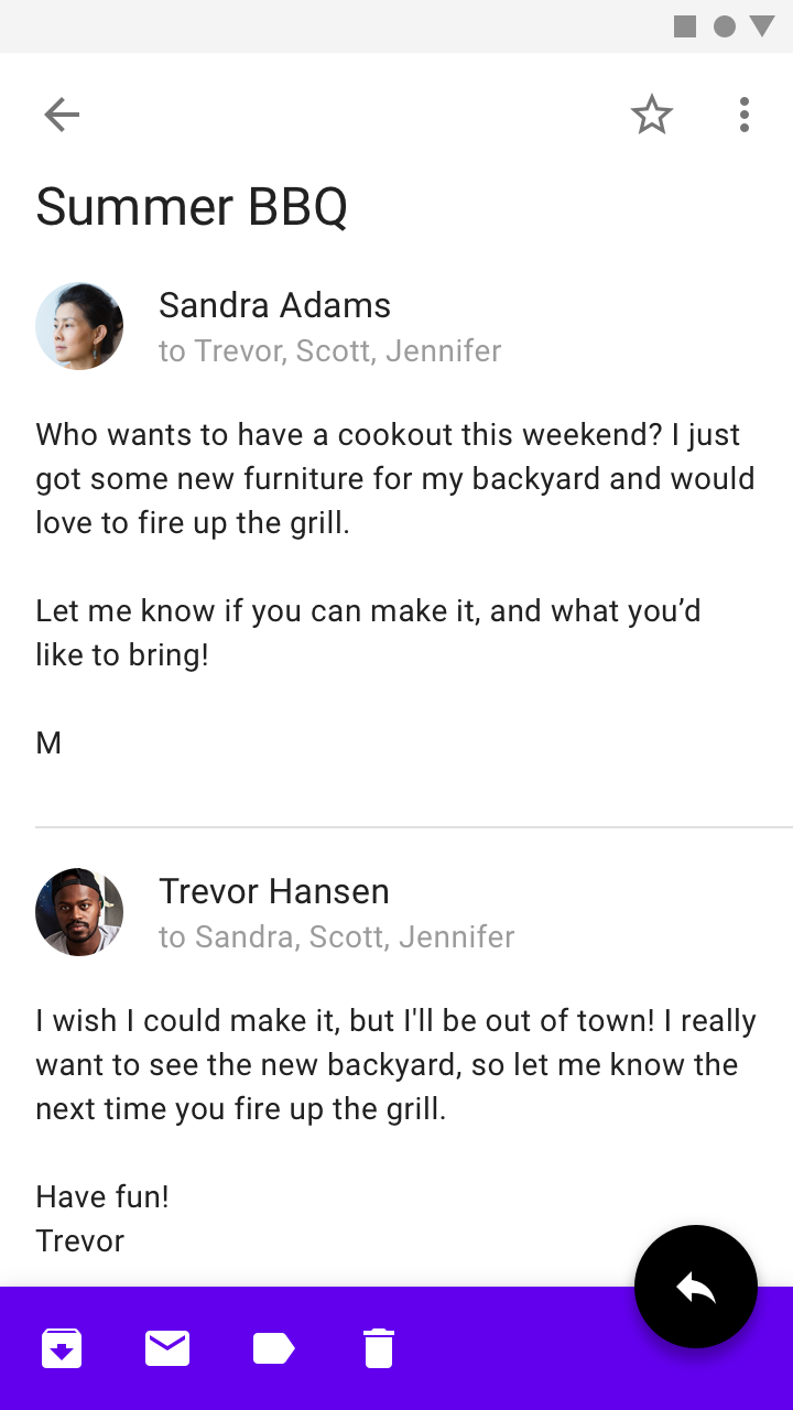 Mobile email secondary screen UI that has an overflow menu in the top app bar, right aligned