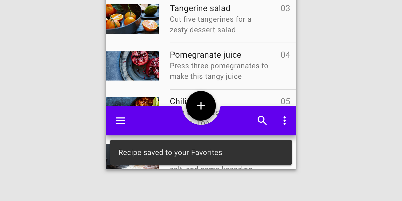 A mobile recipe UI with the footer navigational elements above the snackbar. The text label says, “recipe saved to your favorites”