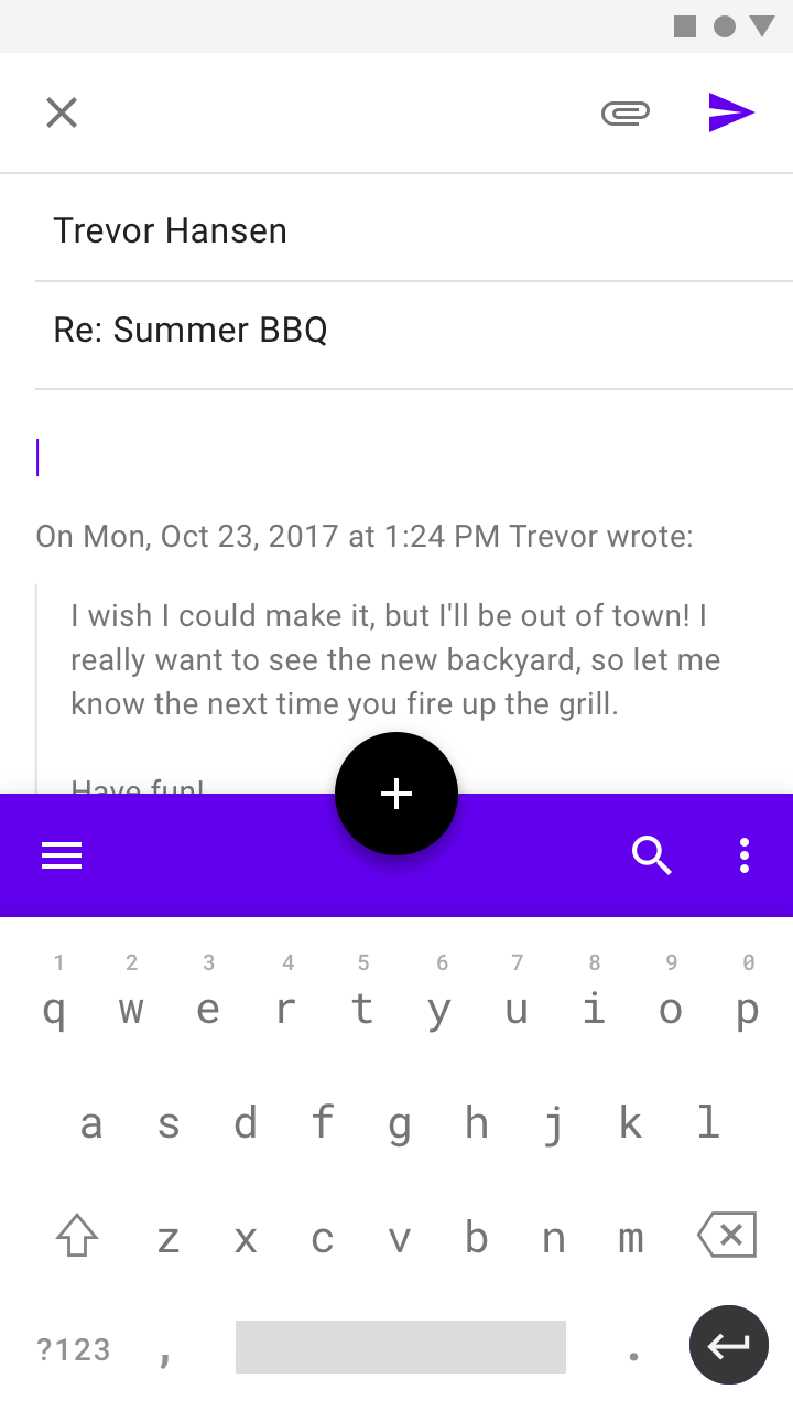 Mobile email UI with a fab and bottom app bar attached and above the keyboard