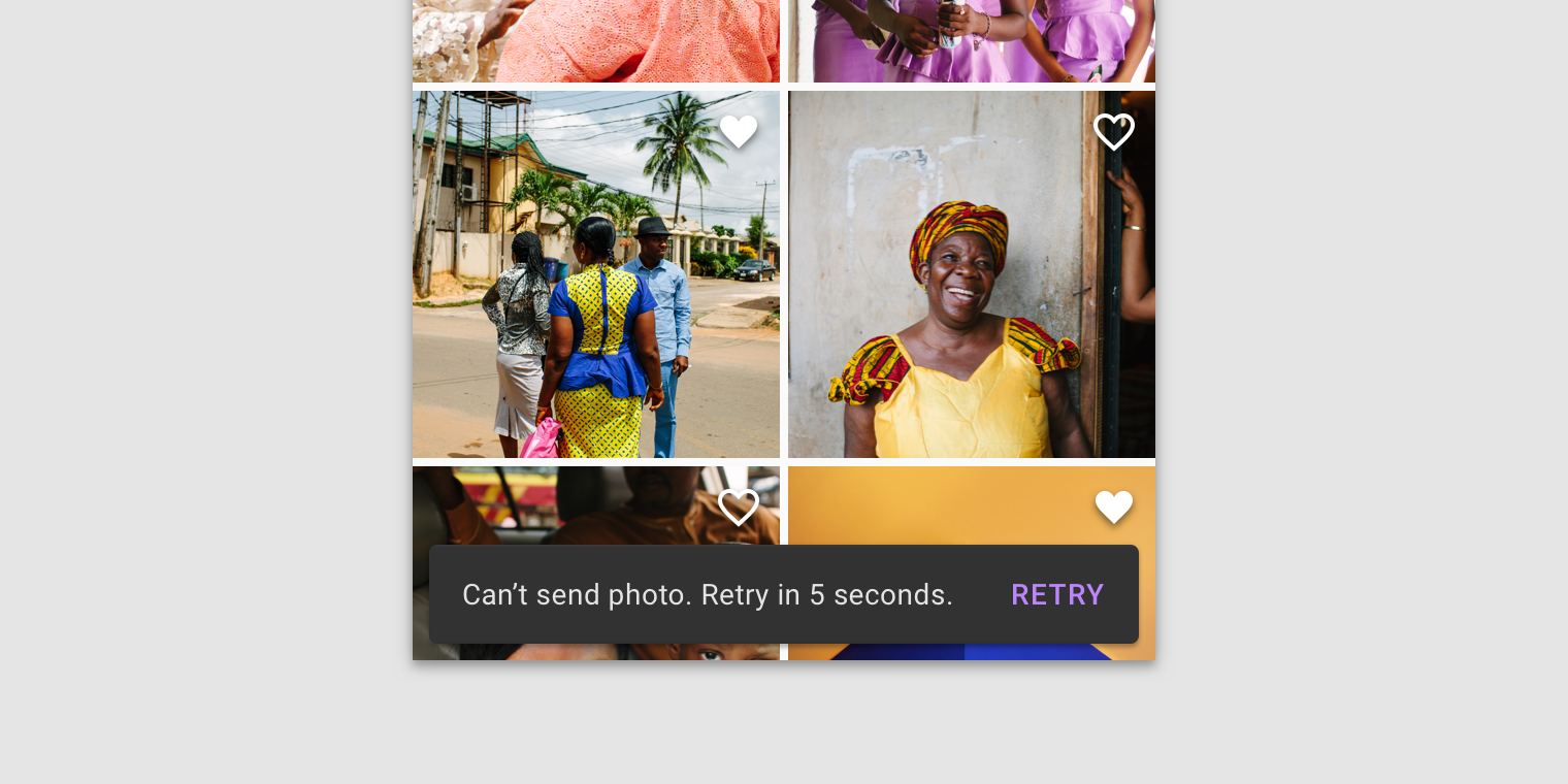 Snackbar on mobile with dark grey container, white text, and purple action text