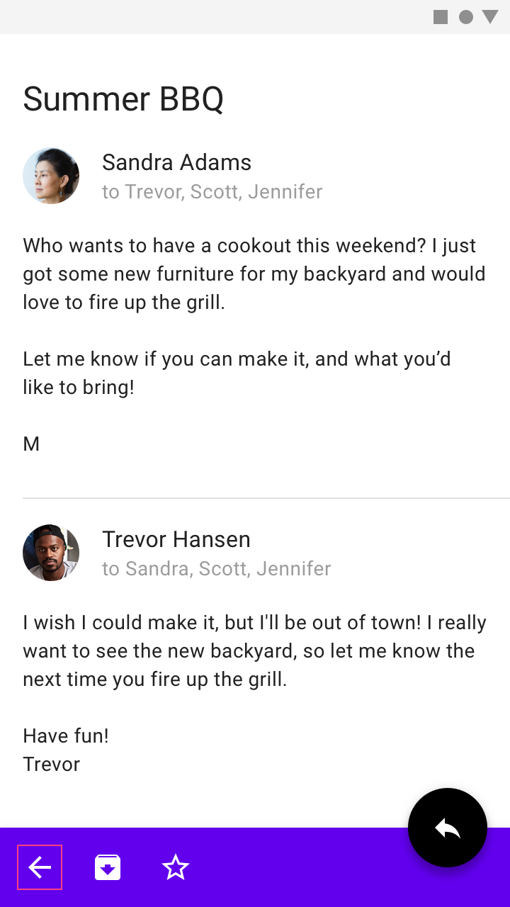 Mobile email UI with a Back arrow in the bottom app bar