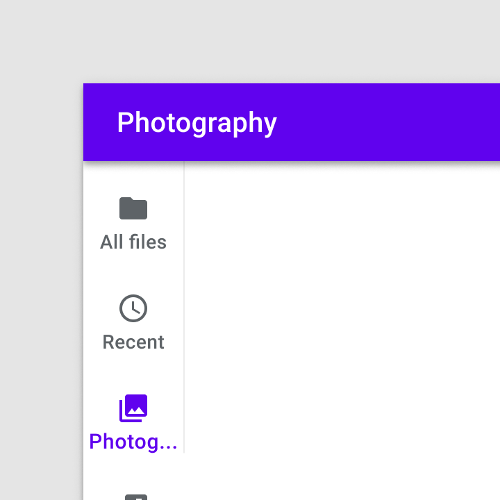 Photos app with navigation rail with a truncated text label for the Photography icon
