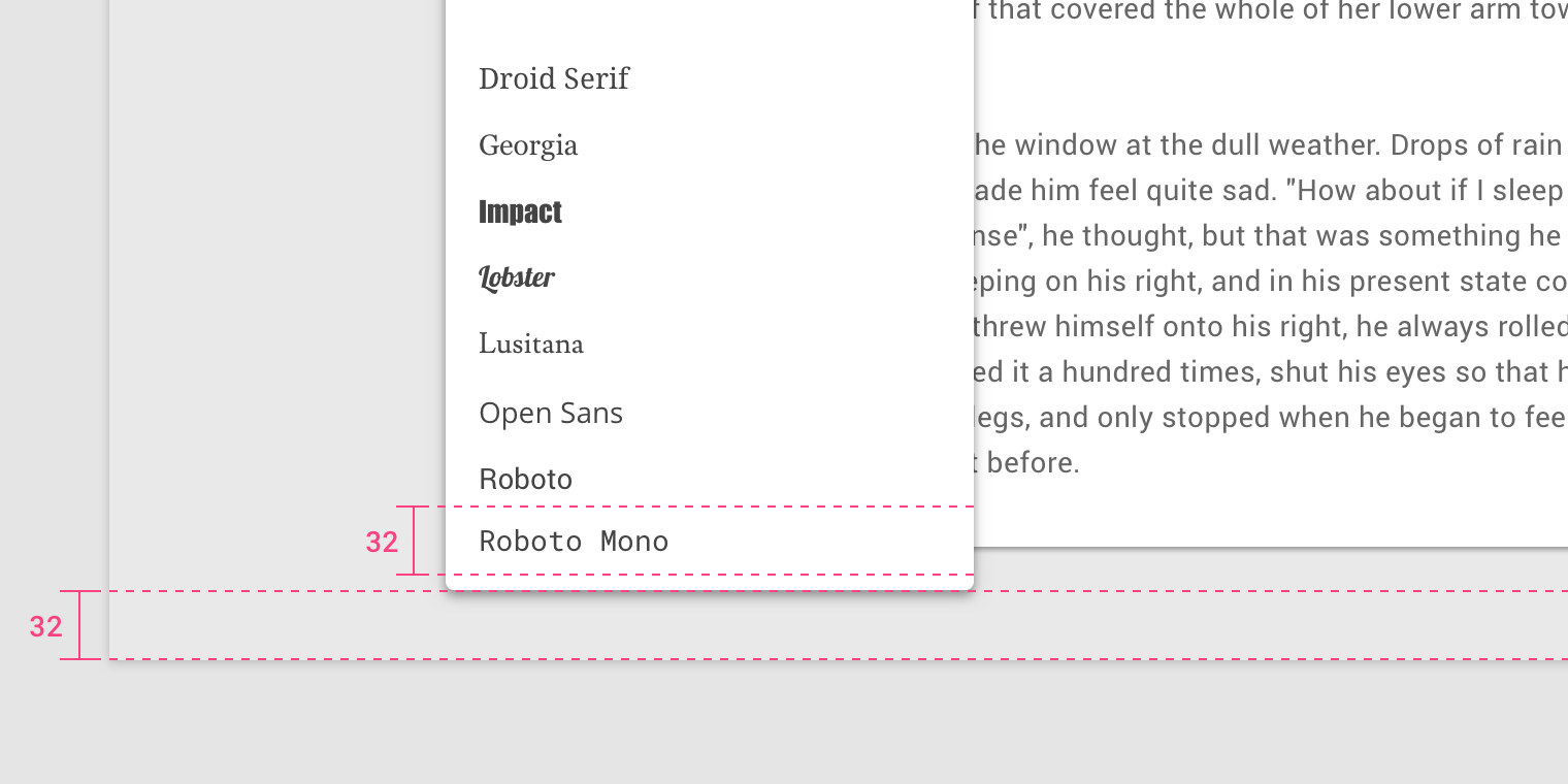 Desktop UI showing 32 dp for each menu row and another 32 dp padding between dropdown and bottom of screen