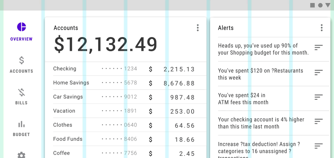 Financial app example with margins and gutters