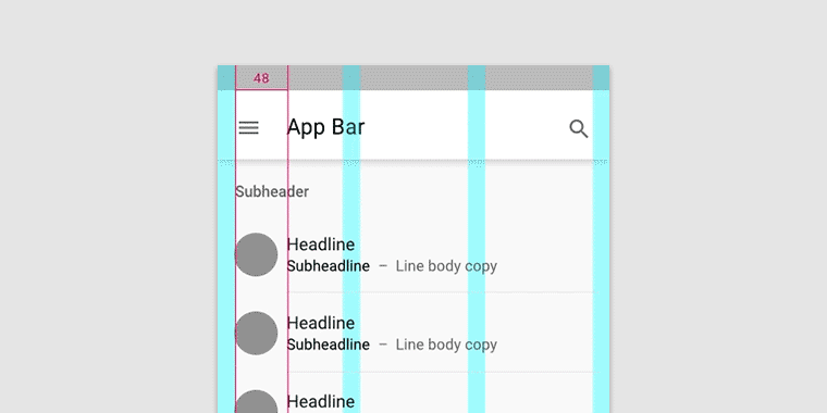 Text placement showing a range of keyline placement from 48dp to 56dp to 64 to 72 dp