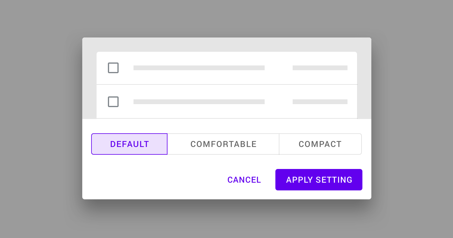 Default, comfortable, and compact components settings selection