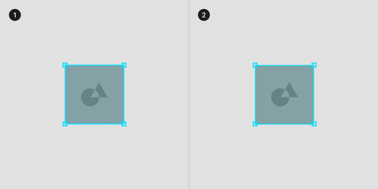 An image container overlaid on a changing background shape and the container maintaining its size. An image and container expanding vertically and horizontally to show flexibility.