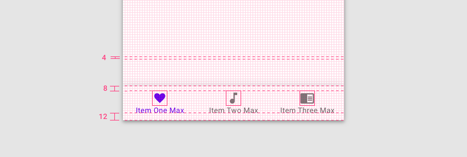 4dp grid diagram with bottom navigation bar and three icons spaced to align with the 4dp grid