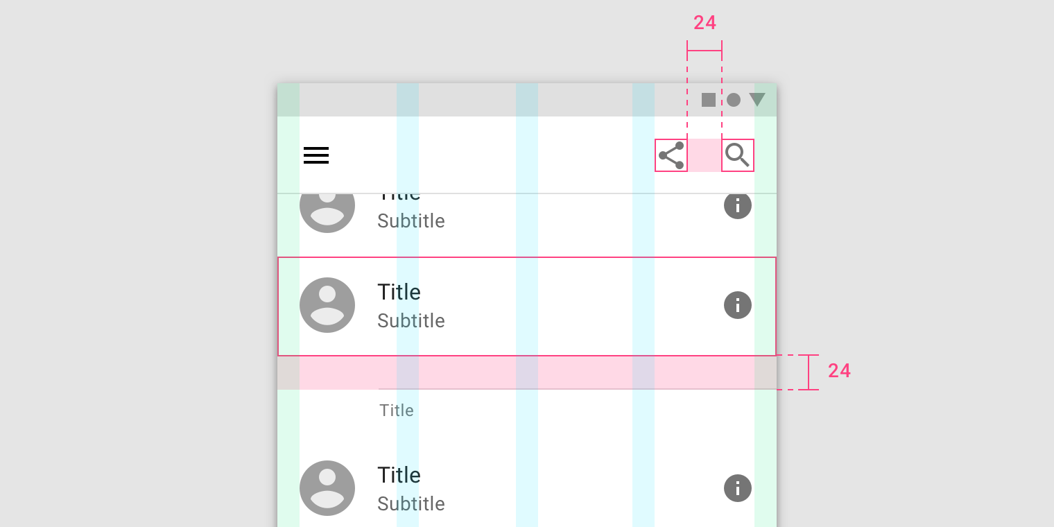 A mobile layout with 24dp padding identified between a list items and again between two icons.